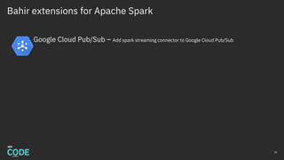 Bahir extensions for Apache Spark
Google Cloud Pub/Sub – Add spark streaming connector to Google Cloud Pub/Sub
28
 
