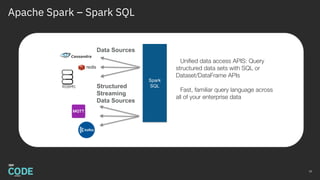 Apache Spark – Spark SQL
10
Spark
SQL
Unified data access APIS: Query
structured data sets with SQL or
Dataset/DataFrame APIs
Fast, familiar query language across
all of your enterprise data
RDBMS
Data Sources
Structured
Streaming
Data Sources
 