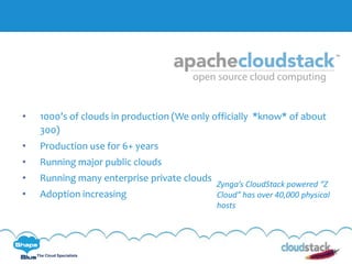 C l i c k t o e d i t
The Cloud Specialists
• 1000’s of clouds in production (We only officially *know* of about
300)
• Production use for 6+ years
• Running major public clouds
• Running many enterprise private clouds
• Adoption increasing
Zynga’s CloudStack powered “Z
Cloud” has over 40,000 physical
hosts
 