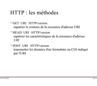 Par Achraf SFAXI Page 11
HTTP : les méthodes
° GET URI HTTP/version
rapatrier le contenu de la ressource d'adresse URI
° HEAD URI HTTP/version
rapatrier les caractéristiques de la ressource d'adresse
URI
° POST URI HTTP/version
transmettre les données d'un formulaire au CGI indiqué
par l'URI
 