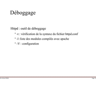 Par Achraf SFAXI Page 31
Déboggage
Httpd : outil de déboggage
° -t : vérification de la syntaxe du fichier httpd.conf
° -l :liste des modules compilés avec apache
° -V : configuration
 