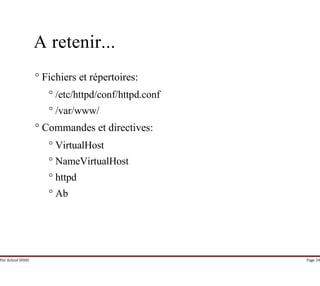 Par Achraf SFAXI Page 34
A retenir...
° Fichiers et répertoires:
° /etc/httpd/conf/httpd.conf
° /var/www/
° Commandes et directives:
° VirtualHost
° NameVirtualHost
° httpd
° Ab
 