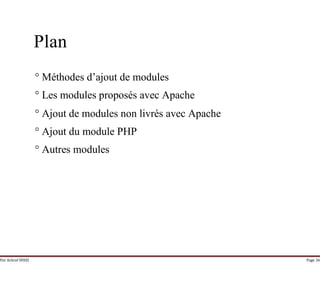 Par Achraf SFAXI Page 36
Plan
° Méthodes d’ajout de modules
° Les modules proposés avec Apache
° Ajout de modules non livrés avec Apache
° Ajout du module PHP
° Autres modules
 