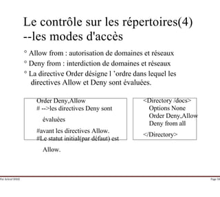 Par Achraf SFAXI Page 58
Le contrôle sur les répertoires(4)
--les modes d'accès
° Allow from : autorisation de domaines et réseaux
° Deny from : interdiction de domaines et réseaux
° La directive Order désigne l ’ordre dans lequel les
directives Allow et Deny sont évaluées.
<Directory /docs>Order Deny,Allow
# -->les directives Deny sont Options None
Order Deny,Allow
Deny from all
évaluées
#avant les directives Allow.
#Le statut initial(par défaut) est
</Directory>
Allow.
 
