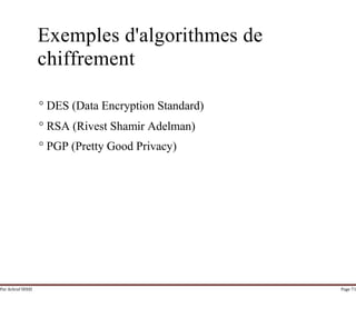 Par Achraf SFAXI Page 71
Exemples d'algorithmes de
chiffrement
° DES (Data Encryption Standard)
° RSA (Rivest Shamir Adelman)
° PGP (Pretty Good Privacy)
 