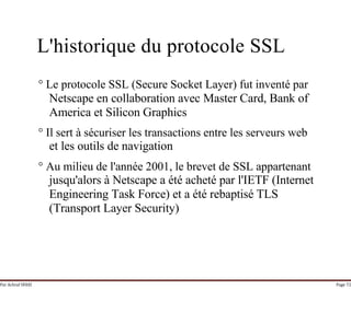 Par Achraf SFAXI Page 72
L'historique du protocole SSL
° Le protocole SSL (Secure Socket Layer) fut inventé par
Netscape en collaboration avec Master Card, Bank of
America et Silicon Graphics
° Il sert à sécuriser les transactions entre les serveurs web
et les outils de navigation
° Au milieu de l'année 2001, le brevet de SSL appartenant
jusqu'alors à Netscape a été acheté par l'IETF (Internet
Engineering Task Force) et a été rebaptisé TLS
(Transport Layer Security)
 