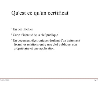 Par Achraf SFAXI Page 79
Qu'est ce qu'un certificat
° Un petit fichier
° Carte d'identité de la clef publique
° Un document électronique résultant d'un traitement
fixant les relations entre une clef publique, son
propriétaire et une application
 