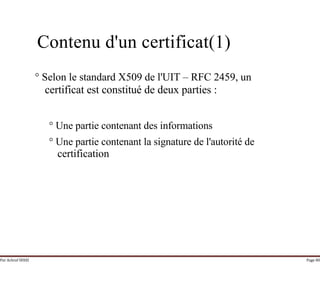 Par Achraf SFAXI Page 80
Contenu d'un certificat(1)
° Selon le standard X509 de l'UIT – RFC 2459, un
certificat est constitué de deux parties :
° Une partie contenant des informations
° Une partie contenant la signature de l'autorité de
certification
 
