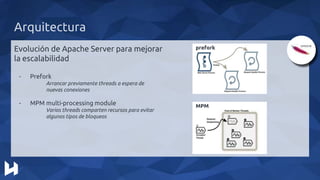 Arquitectura
Evolución de Apache Server para mejorar
la escalabilidad
- Prefork
Arrancar previamente threads a espera de
nuevas conexiones
- MPM multi-processing module
Varios threads comparten recursos para evitar
algunos tipos de bloqueos
MPM
prefork
 