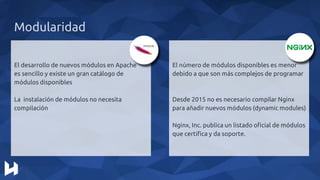 Modularidad
El desarrollo de nuevos módulos en Apache
es sencillo y existe un gran catálogo de
módulos disponibles
La instalación de módulos no necesita
compilación
El número de módulos disponibles es menor
debido a que son más complejos de programar
Desde 2015 no es necesario compilar Nginx
para añadir nuevos módulos (dynamic modules)
Nginx, Inc. publica un listado oficial de módulos
que certifica y da soporte.
 