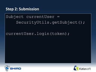Step 2: Submission
Subject currentUser =
    SecurityUtils.getSubject();

currentUser.login(token);
 