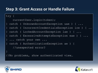 Step 3: Grant Access or Handle Failure
try {
    currentUser.login(token);
} catch ( UnknownAccountException uae ) { ...
} catch ( IncorrectCredentialsException ice ) { ..
} catch ( LockedAccountException lae ) { ...
} catch ( ExcessiveAttemptsException eae ) { ...
} ... catch your own ...
} catch ( AuthenticationException ae ) {
    //unexpected error?
}
//No problems, show authenticated view…
 