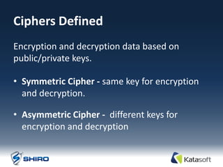 Ciphers Defined
Encryption and decryption data based on
public/private keys.

• Symmetric Cipher - same key for encryption
  and decryption.

• Asymmetric Cipher - different keys for
  encryption and decryption
 