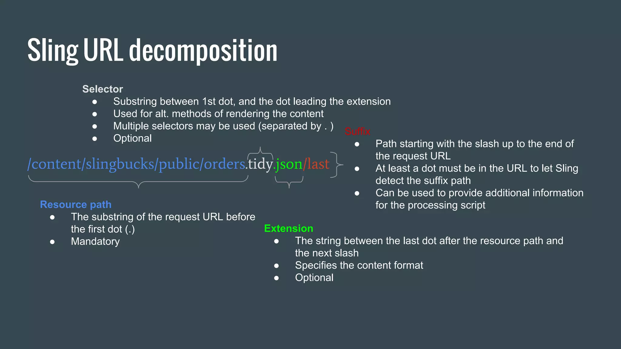 Sling URL decomposition
/content/slingbucks/public/orders.tidy.json/last
Resource path
● The substring of the request URL before
the first dot (.)
● Mandatory
Selector
● Substring between 1st dot, and the dot leading the extension
● Used for alt. methods of rendering the content
● Multiple selectors may be used (separated by . )
● Optional
Extension
● The string between the last dot after the resource path and
the next slash
● Specifies the content format
● Optional
Suffix
● Path starting with the slash up to the end of
the request URL
● At least a dot must be in the URL to let Sling
detect the suffix path
● Can be used to provide additional information
for the processing script
 