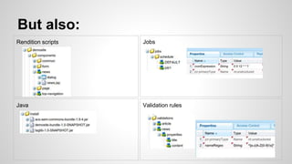 But also:
Validation rules
Rendition scripts Jobs
Java
 
