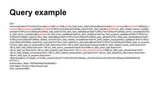 Query example
GET
/solr/core0/select?fl=%2A%2Cscore&start=0&rows=25&sort=ds_field_entry_date%20desc&facet=true&facet.sort=count&facet.limit=10&facet.mi
ncount=1&facet.missing=false&facet.field=%7B%21ex%3Dfacet%3Afield_beds%7Dis_field_beds&facet.field=im_field_related_transit_route&fa
cet.field=%7B%21ex%3Dfacet%3Afield_fulls_baths%7Dis_field_fulls_baths&facet.field=%7B%21ex%3Dfacet%3Afield_terms_considered%7Ds
m_field_terms_considered&facet.field=ss_field_short_sale&facet.field=ss_field_reo&facet.field=ss_field_property_type&facet.field=%7B%21ex
%3Dfacet%3Afield_status%7Dss_field_status&facet.field=%7B%21ex%3Dfacet%3Afield_pets_allowed%7Dss_field_pets_allowed&facet.field=
%7B%21ex%3Dfacet%3Afield_related_nhood%7Dim_field_related_nhood&facet.field=im_field_related_transportation_sys&facet.field=%7B%2
1ex%3Dfacet%3Afield_waterfront_description%7Dsm_field_waterfront_description&facet.field=%7B%21ex%3Dfacet%3Afield_type_of_property
%7Dsm_field_type_of_property&f.is_field_beds.facet.limit=-1&f.is_field_beds.facet.missing=true&f.im_field_related_transit_route.facet.limit=-
1&f.is_field_fulls_baths.facet.limit=-1&f.sm_field_terms_considered.facet.limit=50&f.ss_field_short_sale.facet.limit=-
1&f.ss_field_reo.facet.limit=-1&f.ss_field_property_type.facet.limit=-1&f.ss_field_status.facet.limit=50&f.ss_field_pets_allowed.facet.limit=-
1&f.im_field_related_nhood.facet.limit=-1&f.im_field_related_transportation_sys.facet.limit=-1&f.sm_field_waterfront_description.facet.limit=-
1&f.sm_field_type_of_property.facet.limit=-
1&wt=json&json.nl=map&q.alt=%28is_active%3A%221%22%29%20%28index_id%3A%22mls%22%29%20%28hash%3A6s9h6d%29
HTTP/1.0
Authorization: Basic YWRtaW46a2V4eXNyMjU=
User-Agent: Drupal (+http://drupal.org/)
Host: localhost:8983
 