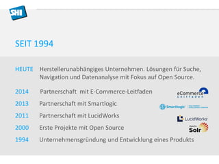 SEIT 1994 
HEUTE Herstellerunabhängiges Unternehmen. Lösungen für Suche, 
Navigation und Datenanalyse mit Fokus auf Open Source. 
2014 Partnerschaft mit E-Commerce-Leitfaden 
2013 Partnerschaft mit Smartlogic 
2011 Partnerschaft mit LucidWorks 
2000 Erste Projekte mit Open Source 
1994 Unternehmensgründung und Entwicklung eines Produkts 
 