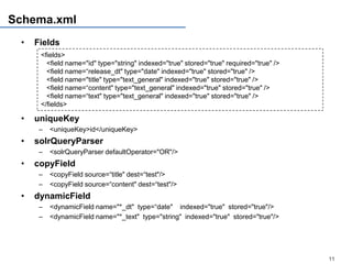 Schema.xml
 •   Fields
      <fields>
        <field name="id" type="string" indexed="true" stored="true" required="true" />
        <field name=“release_dt" type="date" indexed="true" stored="true" />
        <field name="title" type="text_general" indexed="true" stored="true" />
        <field name=“content" type="text_general" indexed="true" stored="true" />
        <field name=“text" type="text_general" indexed="true" stored="true" />
      </fields>

 •   uniqueKey
      –   <uniqueKey>id</uniqueKey>
 •   solrQueryParser
      –   <solrQueryParser defaultOperator="OR"/>
 •   copyField
      –   <copyField source=“title" dest=“test"/>
      –   <copyField source=“content" dest=“test"/>
 •   dynamicField
      –   <dynamicField name="*_dt" type=“date" indexed="true" stored="true"/>
      –   <dynamicField name="*_text" type="string" indexed="true" stored="true"/>




                                                                                         11
 