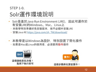 Solr運作環境說明
• Solr是基於Java Run Environment (JRE)，因此可運作於
有安裝JRE的Windows、Mac、Linux上
◦ 本教學特別準備好免安裝版本，故不必額外安裝JRE
◦ 安裝Java RE https://java.com/zh_TW/download/
• 本教學是以Windows為設計，特別設置了簡化操作
◦ 如果是Mac或Linux的使用者，必須要用指令操作
12
STEP 1-0.
實作!
這個步驟將在課堂實作！
BAT
這個鏈結是批次檔！
點兩下執行即可
 
