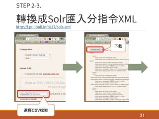 轉換成Solr匯入分指令XML
http://l.pulipuli.info/17/solr-xml
31
STEP 2-3.
選擇CSV檔案
下載
 