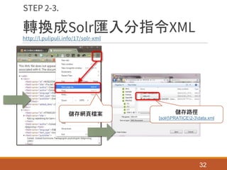 轉換成Solr匯入分指令XML
http://l.pulipuli.info/17/solr-xml
32
STEP 2-3.
儲存網頁檔案 儲存路徑
[solr]PRATICE2-3data.xml
 