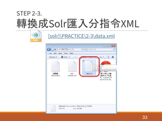 轉換成Solr匯入分指令XML
[solr]PRACTICE2-3data.xml
33
STEP 2-3.
 