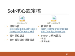 Solr核心設定檔
schema.xml
• 檔案位置：
[solr]examplesolrcollec
tion1confschema.xml
• 資料欄位設定
• 資料類型與分析器設定
solrconfig.xml
• 檔案位置：
[solr]examplesolrcollec
tion1confschema.xml
• Search UI網站設定
◦ 標題
◦ 層面檢索
41
 