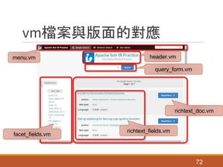 vm檔案與版面的對應
72
menu.vm header.vm
query_form.vm
facet_fields.vm
richtext_doc.vm
richtext_fields.vm
 