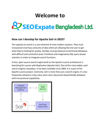 Welcome to
How can I develop for Apache Solr in 2023?
The capacity to search is a core element of most modern systems. They must
incorporate enormous amounts of data while yet allowing the end user to get
what they're looking for quickly. DevOps must go beyond conventional databases
with difficult and unintuitive (even if brilliant and imaginative) SQL query-based
solutions in order to integrate search functions.
A free, open-source search engine built on the Apache Lucene architecture is
Searching On Lucene with Replication (Apache Solr). One of the most widely used
search engines nowadays, it has been available since 2004. It is a part of the
Apache Lucene project. Contrarily, Solr is more than just a search engine; it's also
frequently utilized as a key-value store and a document-based NoSQL database
with transactional capabilities.
 