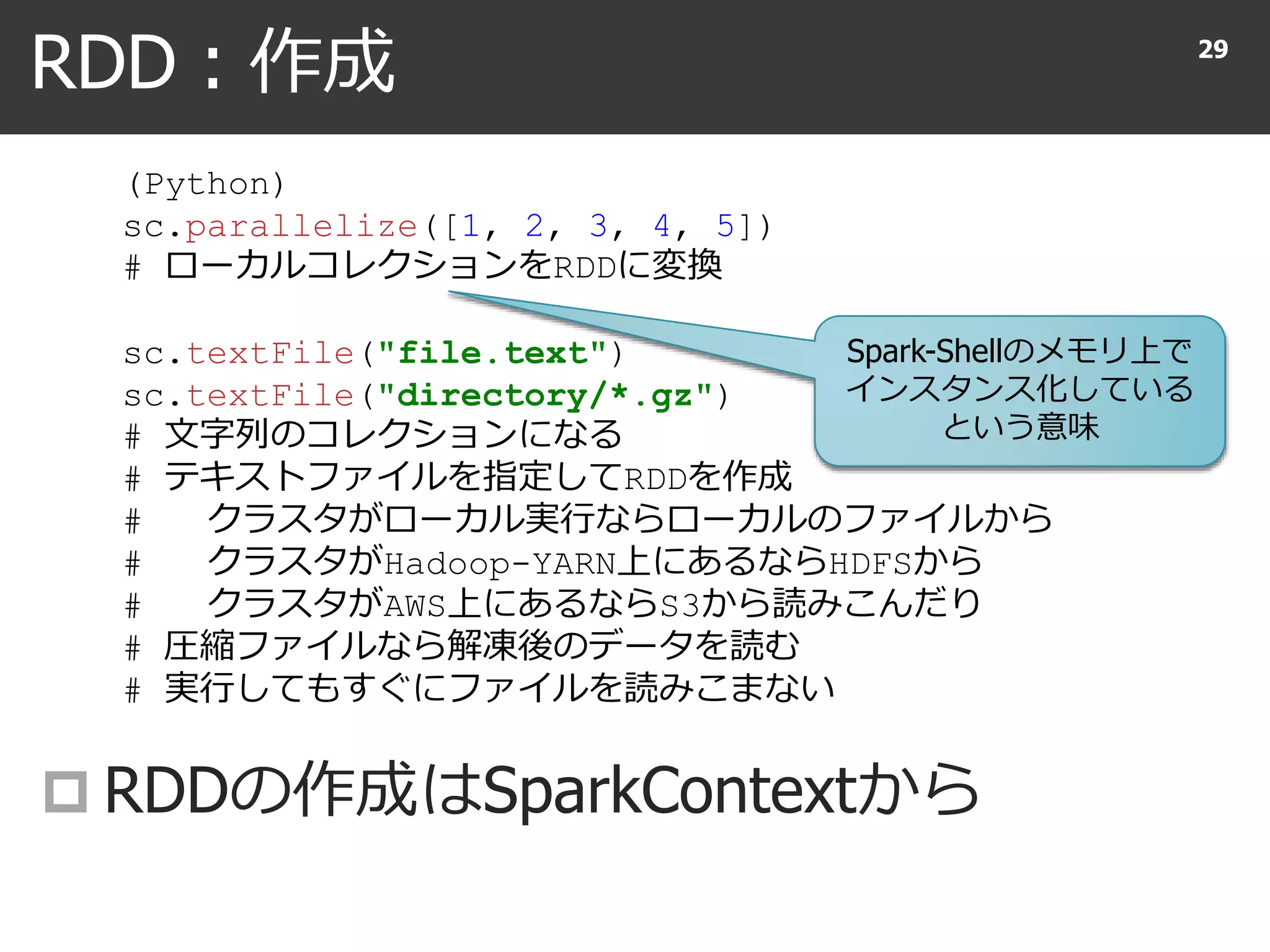 RDD : 作成
 RDDの作成はSparkContextから
29
(Python)
sc.parallelize([1, 2, 3, 4, 5])
# ローカルコレクションをRDDに変換
sc.textFile("file.text")
sc.textFile("directory/*.gz")
# 文字列のコレクションになる
# テキストファイルを指定してRDDを作成
# クラスタがローカル実行ならローカルのファイルから
# クラスタがHadoop-YARN上にあるならHDFSから
# クラスタがAWS上にあるならS3から読みこんだり
# 圧縮ファイルなら解凍後のデータを読む
# 実行してもすぐにファイルを読みこまない
Spark-Shellのメモリ上で
インスタンス化している
という意味
 