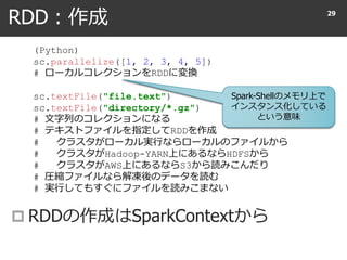 RDD : 作成
 RDDの作成はSparkContextから
29
(Python)
sc.parallelize([1, 2, 3, 4, 5])
# ローカルコレクションをRDDに変換
sc.textFile("file.text")
sc.textFile("directory/*.gz")
# 文字列のコレクションになる
# テキストファイルを指定してRDDを作成
# クラスタがローカル実行ならローカルのファイルから
# クラスタがHadoop-YARN上にあるならHDFSから
# クラスタがAWS上にあるならS3から読みこんだり
# 圧縮ファイルなら解凍後のデータを読む
# 実行してもすぐにファイルを読みこまない
Spark-Shellのメモリ上で
インスタンス化している
という意味
 