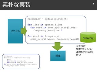 素朴な実装 3
frequency = defaultdict(int)
for line in opened_file:
for word in some_splitter(line):
frequency[word] += 1
for word in frequency:
some_output(word, frequency[word])
ファイル
frequency
メモリに
辞書/ハッシュ/
連想配列/Mapを
持つ頻度(Pythonic)
frequency = collections.Counter(
word
for line in opened_file
for word in some_splitter(line))
for word, count in frequency.iteritems():
some_output(word, count)
 