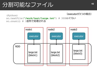 分割可能なファイル 42
（executorが3つの場合）
(Python)
sc.textFile("/work/test/large.txt") # 300MBぐらい
sc.count() # 3並列で処理される
node1 node2 node3
executor executor executor
large.txt
(block1)
large.txt
(block2)
large.txt
(block3)
RDD
 