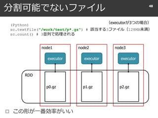 分割可能でないファイル
 この形が一番効率がいい
48
（executorが3つの場合）
(Python)
sc.textFile("/work/test/p*.gz") # 該当する3ファイル（128MB未満）
sc.count() # 3並列で処理される
node1 node2 node3
executor executor executor
p0.gz p1.gz p2.gz
RDD
 