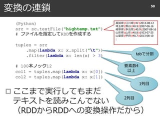 変換の連鎖
 ここまで実行してもまだ
テキストを読みこんでない
（RDDからRDDへの変換操作だから）
50
(Python)
src = sc.textFile("hightemp.txt")
# ファイルを指定してRDDを作成する
tuples = src
.map(lambda x: x.split("t"))
.filter(lambda x: len(x) > 3)
# 100本ノック12
col1 = tuples.map(lambda x: x[0])
col2 = tuples.map(lambda x: x[1])
tabで分割
要素数4
以上
1列目
2列目
高知県t江川崎t41t2013-08-12
埼玉県t熊谷t40.9t2007-08-16
岐阜県t多治見t40.9t2007-08-16
山形県t山形t40.8t1933-07-25
山梨県t甲府t40.7t2013-08-10
:
 