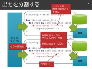 出力を分割する 6
frequency = defaultdict(int)
for line in opend_file:
for word in some_splitter(line):
if hash(word) % 2 == 1:
frequency[word] += 1
:
frequency = defaultdict(int)
for line in opend_file:
for word in some_splitter(line):
if hash(word) % 2 == 0:
frequency[word] += 1
:
巨大な
ファイル
頻度
頻度
ハッシュの
剰余で間引いて
半分に
ある単語は一方の
ファイルにだけ存在
単純に結合すればOK
もう一度読む
残り半分
 