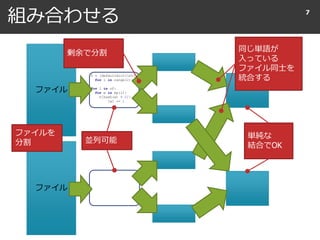組み合わせる 7
f = [defaultdict(int)
for i in range(2)]
for l in of:
for w in sp(l):
f[hash(w) % 2]
[w] += 1
ファイル
ファイル
同じ単語が
入っている
ファイル同士を
統合する
剰余で分割
ファイルを
分割
単純な
結合でOK
並列可能
 