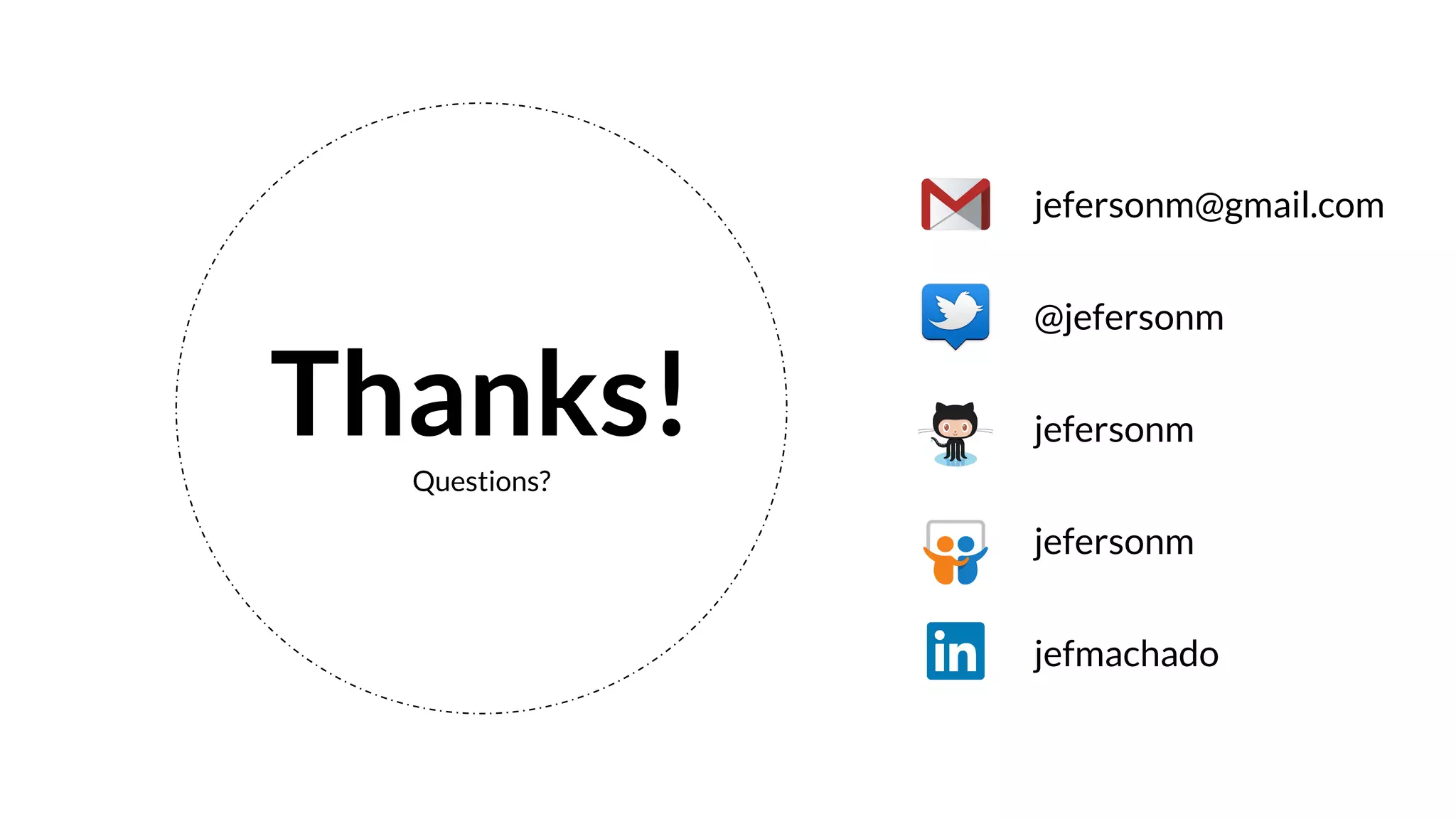 Thanks!Questions?
jefersonm@gmail.com
@jefersonm
jefersonm
jefersonm
jefmachado
 