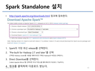 • http://spark.apache.org/downloads.html 링크에 접속한다.
1. Spark의 가장 최신 release를 선택한다.
2. “Pre-built for Hadoop 2.7 and later”를 선택
(구축된 Hadoop cluster를 사용할 계획이라면 구축된 Hadoop의 버전을 선택한다.)
3. Direct Download를 선택한다.
(“select Apache Mirror”를 선택하면 국내 저장소를 통해 빠르게 다운로드 가능하다.)
4. 링크를 클릭하여 다운로드 받는다.
Spark Standalone 설치
2016-12-22 61
 