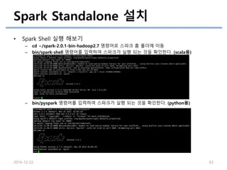 Spark Standalone 설치
• Spark Shell 실행 해보기
– cd ~/spark-2.0.1-bin-hadoop2.7 명령어로 스파크 홈 폴더에 이동
– bin/spark-shell 명령어를 입력하여 스파크가 실행 되는 것을 확인한다. (scala용)
– bin/pyspark 명령어를 입력하여 스파크가 실행 되는 것을 확인한다. (python용)
2016-12-22 63
 