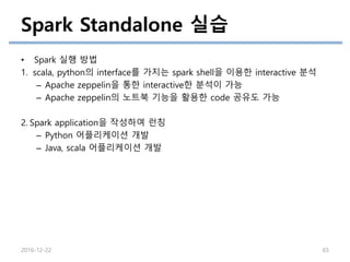 Spark Standalone 실습
2016-12-22 65
• Spark 실행 방법
1. scala, python의 interface를 가지는 spark shell을 이용한 interactive 분석
– Apache zeppelin을 통한 interactive한 분석이 가능
– Apache zeppelin의 노트북 기능을 활용한 code 공유도 가능
2. Spark application을 작성하여 런칭
– Python 어플리케이션 개발
– Java, scala 어플리케이션 개발
 