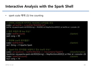 Interactive Analysis with the Spark Shell
• spark scala 예제 (3) line counting
// {SPARK_HOME}에 위치하는 README.md파일을 로딩
scala> val textFile = sc.textFile("README.md")
textFile: org.apache.spark.rdd.RDD[String] = README.md MapPartitionsRDD[1] at textFile at <console>:24
// 읽은 파일의 총 line 수는?
scala> textFile.count() //(action)
res0: Long = 99
// 첫번째 Line의 문자열은?
scala> textFile.first() //(action)
res1: String = # Apache Spark
// “Spark”라는 문자열을 포함하고 있는 line의 수는?
scala> val SparkLine = textFile.filter(line => line.contains("Spark")) //(transformation)
SparkLine: org.apache.spark.rdd.RDD[String] = MapPartitionsRDD[3] at filter at <console>:26
scala> SparkLine.count() //(action)
res2: Long = 19
2016-12-22 69
 
