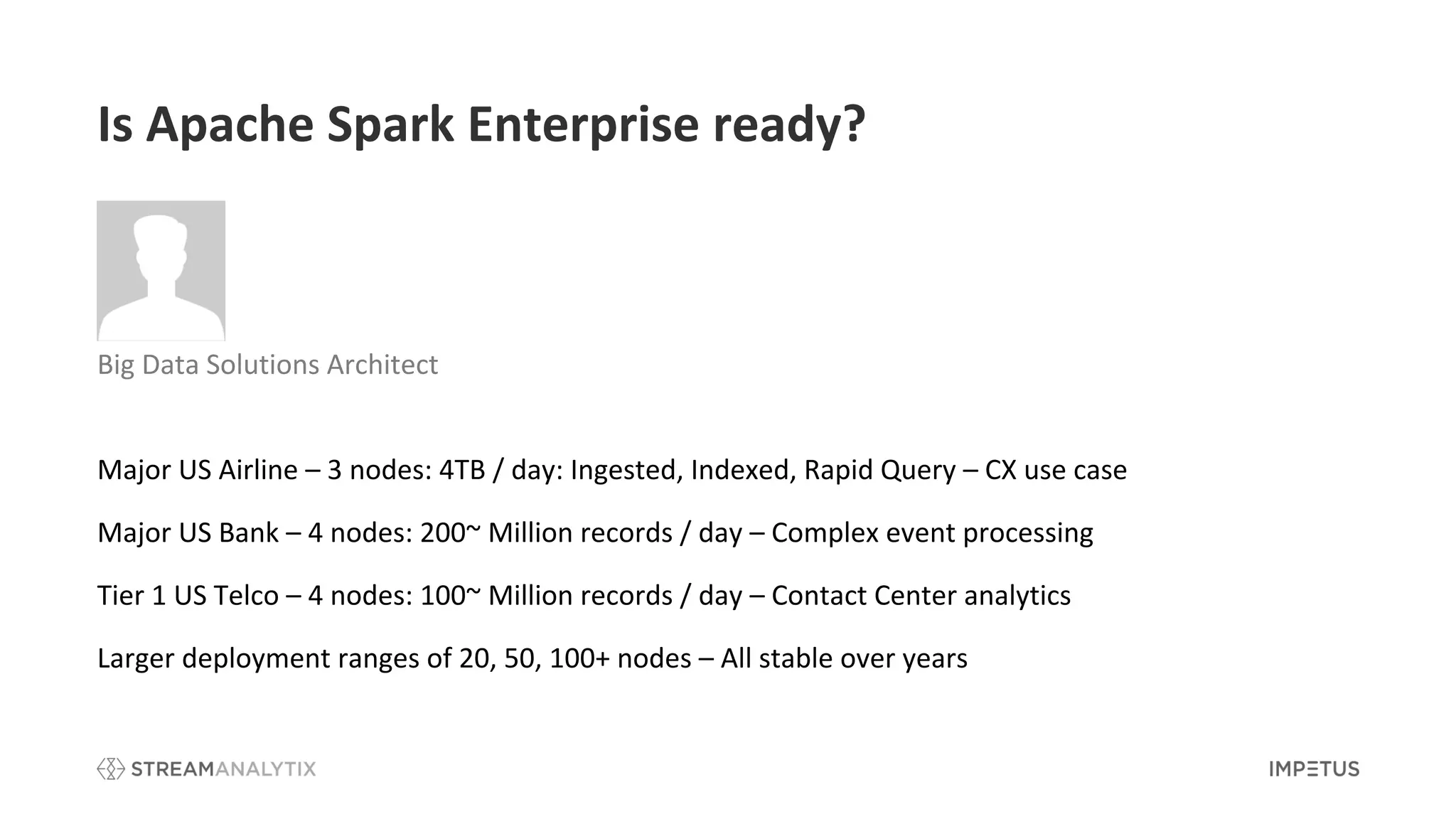 Major US Airline – 3 nodes: 4TB / day: Ingested, Indexed, Rapid Query – CX use case
Major US Bank – 4 nodes: 200~ Million records / day – Complex event processing
Tier 1 US Telco – 4 nodes: 100~ Million records / day – Contact Center analytics
Larger deployment ranges of 20, 50, 100+ nodes – All stable over years
Is Apache Spark Enterprise ready?
Big Data Solutions Architect
 