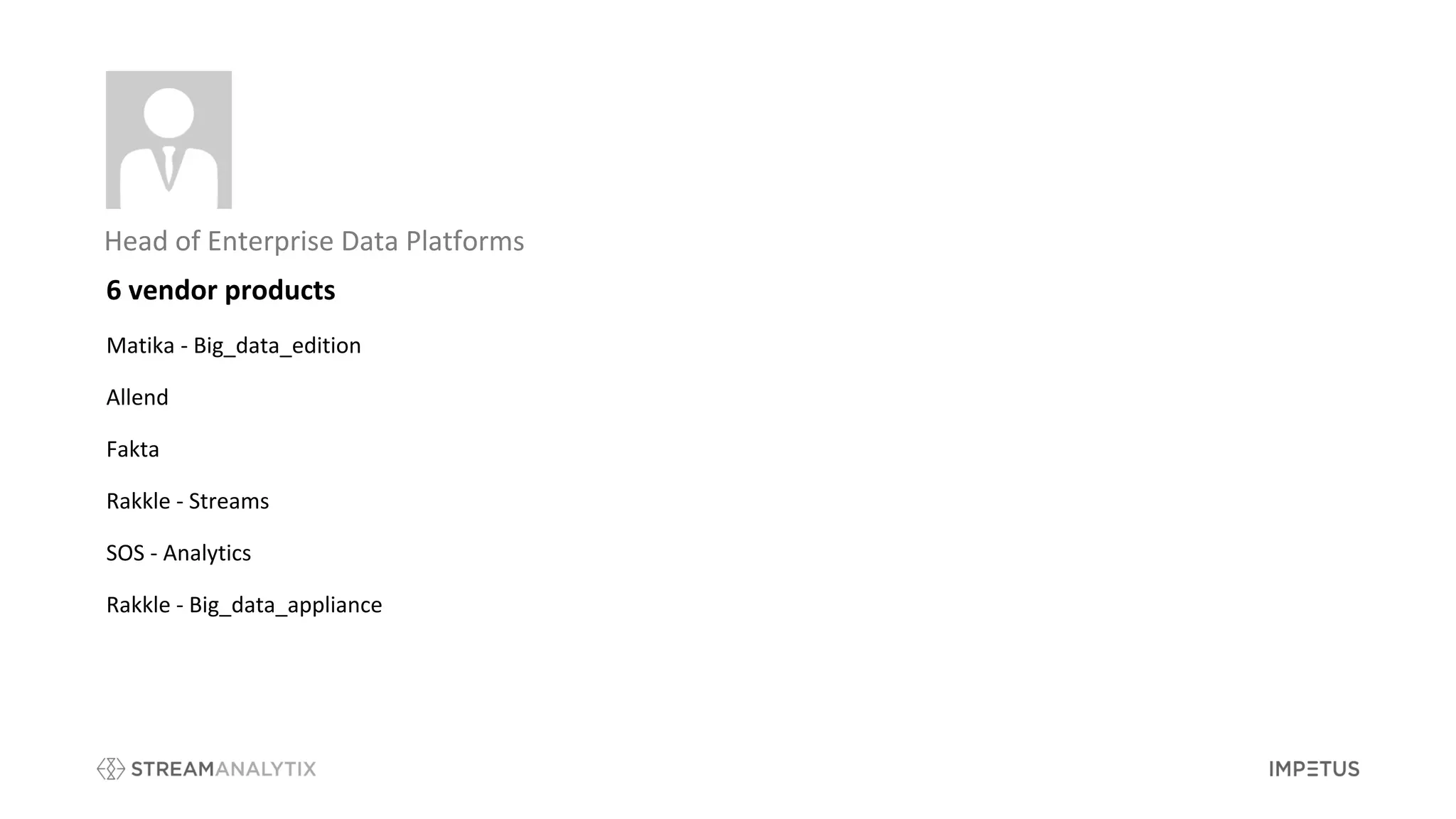 Head of Enterprise Data Platforms
6 vendor products
Matika - Big_data_edition
Allend
Fakta
Rakkle - Streams
SOS - Analytics
Rakkle - Big_data_appliance
 
