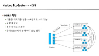 Hadoop EcoSystem - HDFS
▪ HDFS 특징
▪ 대용량 데이터를 범용 서버만으로 처리 가능
▪ 용량 확장성
▪ 높은 데이터 처리량
▪ 장애 Node에 대한 데이터 손실 방지
 