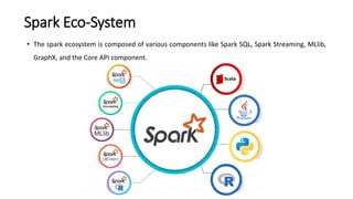 Spark Eco-System
• The spark ecosystem is composed of various components like Spark SQL, Spark Streaming, MLlib,
GraphX, and the Core API component.
 