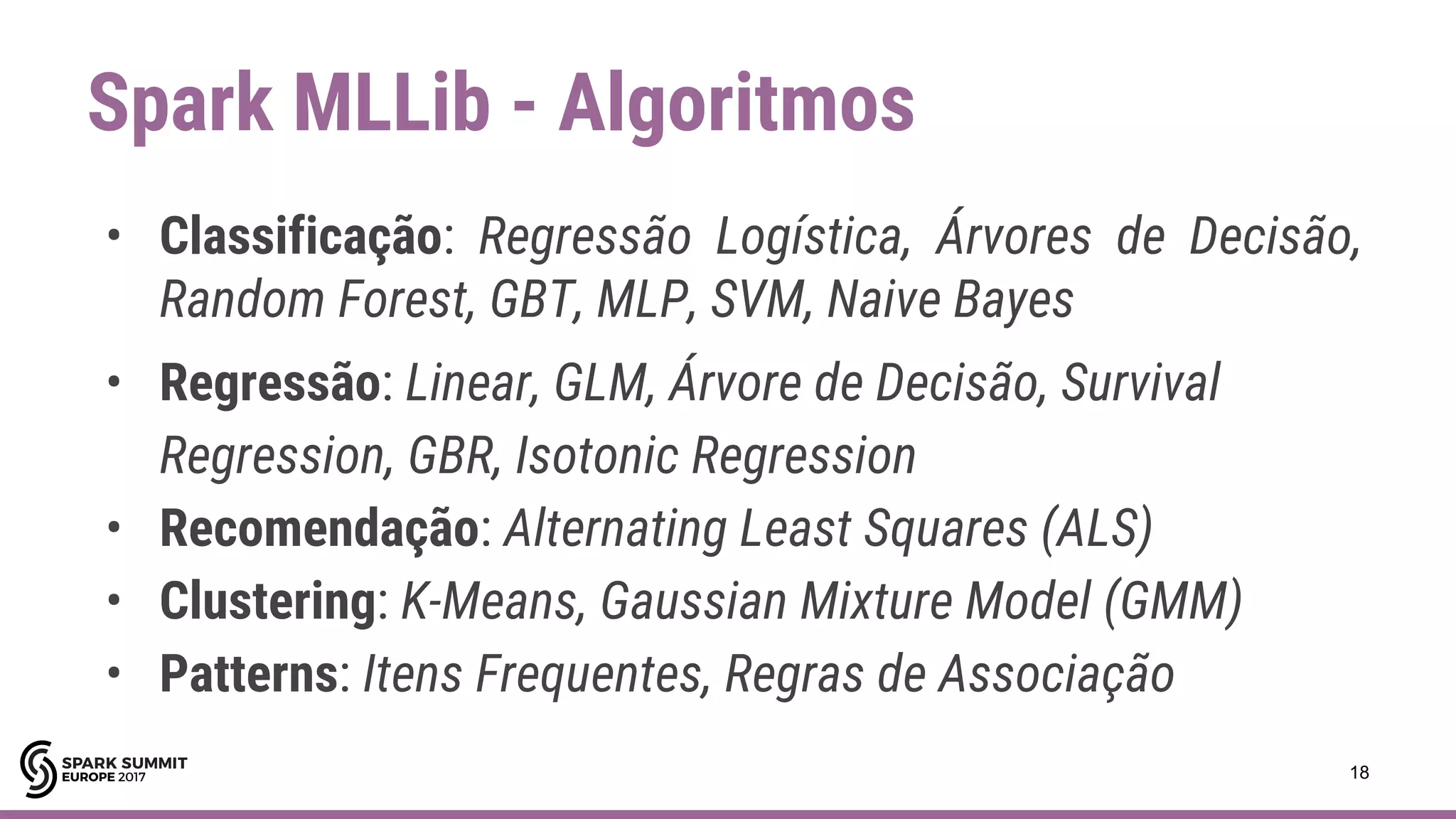 • Classificação: Regressão Logística, Árvores de Decisão,
Random Forest, GBT, MLP, SVM, Naive Bayes
• Regressão: Linear, GLM, Árvore de Decisão, Survival
Regression, GBR, Isotonic Regression
• Recomendação: Alternating Least Squares (ALS)
• Clustering: K-Means, Gaussian Mixture Model (GMM)
• Patterns: Itens Frequentes, Regras de Associação
Spark MLLib - Algoritmos
18
 