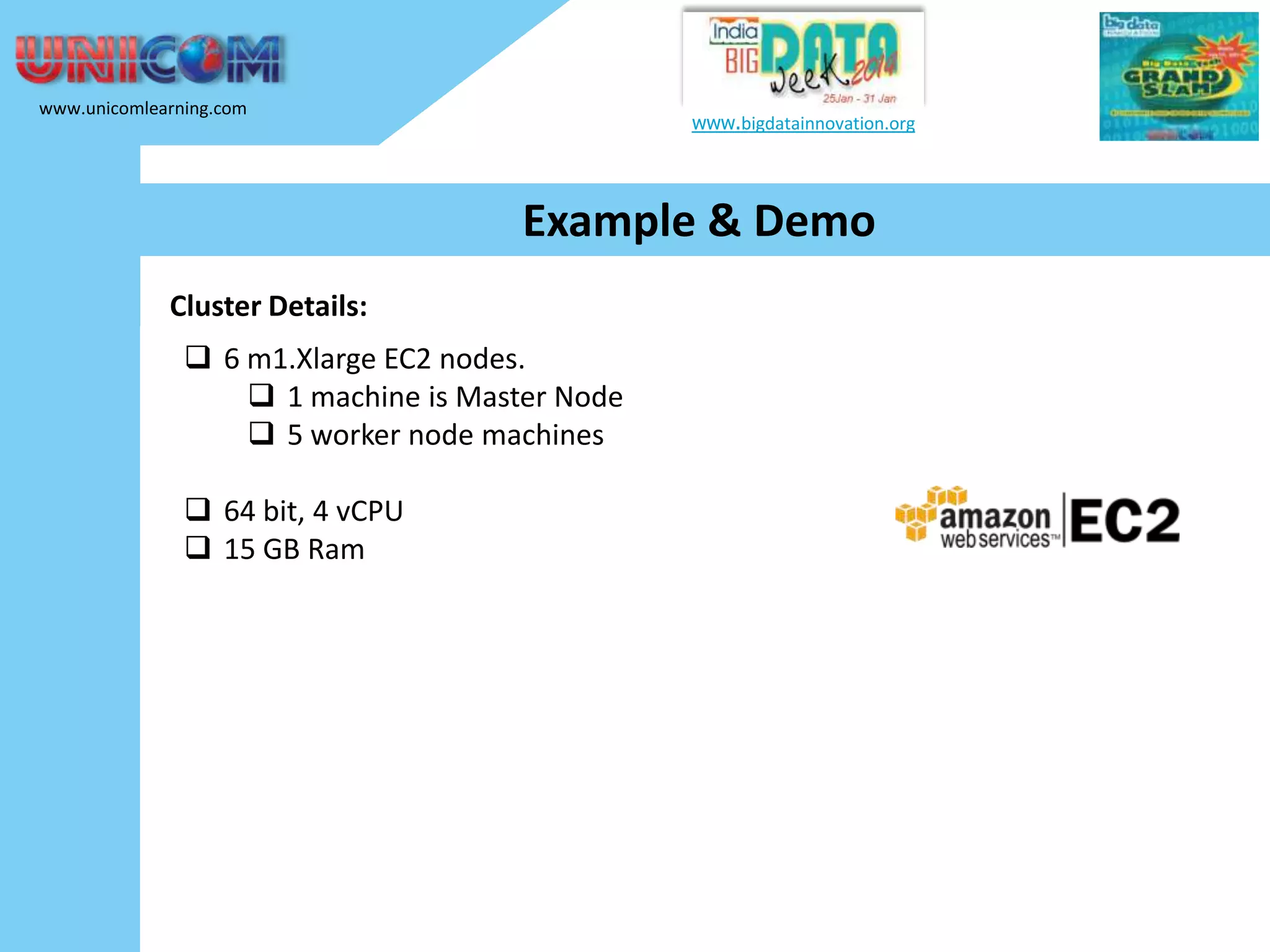 www.unicomlearning.com www.bigdatainnovation.org Example & Demo Cluster Details:  6 m1.Xlarge EC2 nodes.  1 machine is Master Node  5 worker node machines  64 bit, 4 vCPU  15 GB Ram 