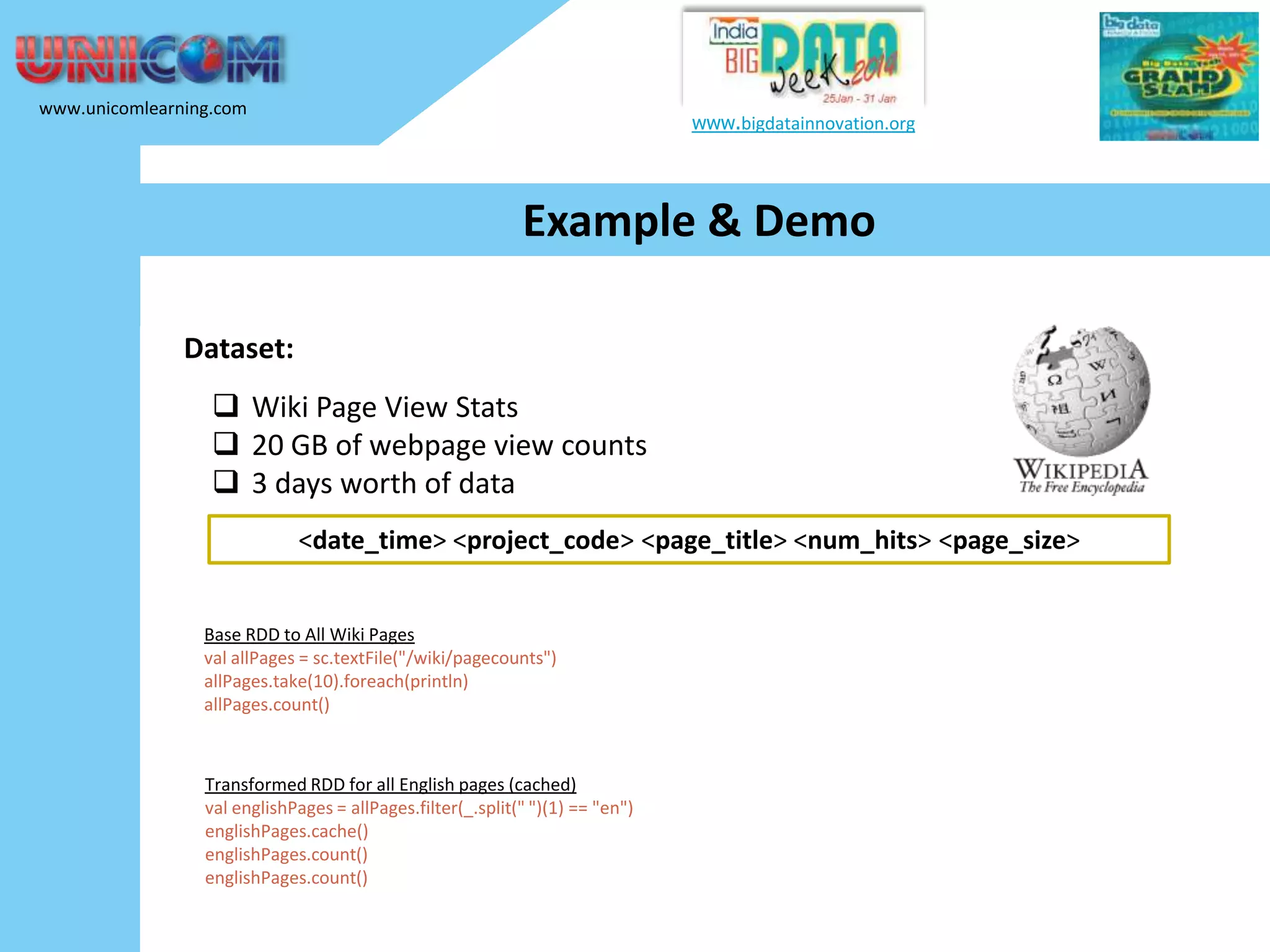 www.unicomlearning.com www.bigdatainnovation.org Example & Demo Dataset:  Wiki Page View Stats  20 GB of webpage view counts  3 days worth of data <date_time> <project_code> <page_title> <num_hits> <page_size> Base RDD to All Wiki Pages val allPages = sc.textFile("/wiki/pagecounts") allPages.take(10).foreach(println) allPages.count() Transformed RDD for all English pages (cached) val englishPages = allPages.filter(_.split(" ")(1) == "en") englishPages.cache() englishPages.count() englishPages.count() 