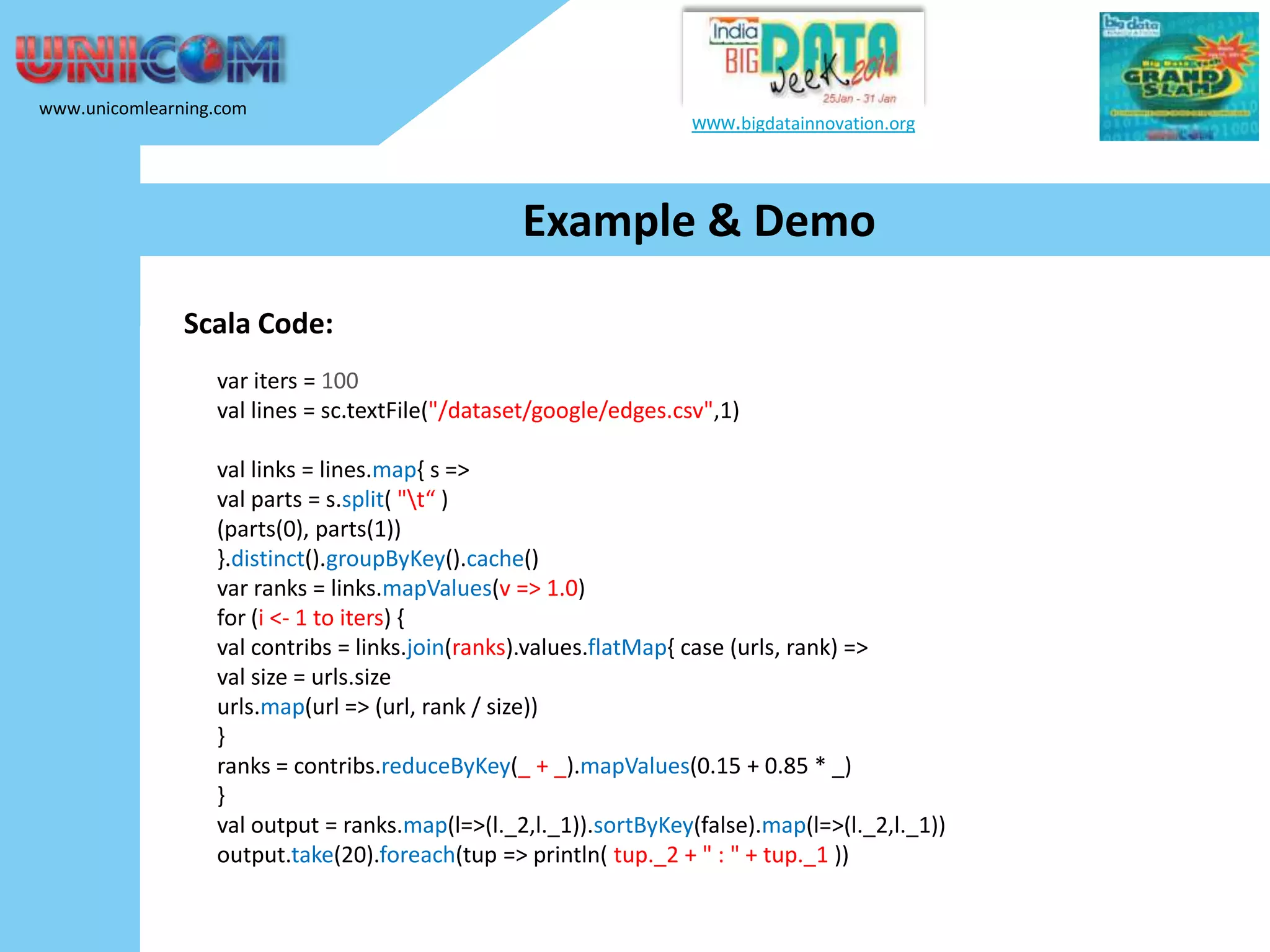 www.unicomlearning.com www.bigdatainnovation.org Example & Demo Scala Code: var iters = 100 val lines = sc.textFile("/dataset/google/edges.csv",1) val links = lines.map{ s => val parts = s.split( "t“ ) (parts(0), parts(1)) }.distinct().groupByKey().cache() var ranks = links.mapValues(v => 1.0) for (i <- 1 to iters) { val contribs = links.join(ranks).values.flatMap{ case (urls, rank) => val size = urls.size urls.map(url => (url, rank / size)) } ranks = contribs.reduceByKey(_ + _).mapValues(0.15 + 0.85 * _) } val output = ranks.map(l=>(l._2,l._1)).sortByKey(false).map(l=>(l._2,l._1)) output.take(20).foreach(tup => println( tup._2 + " : " + tup._1 )) 